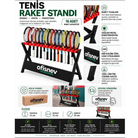 Tenis Raket Standı (Düz) – 16 Raket Kapasiteli Metal Raketlik