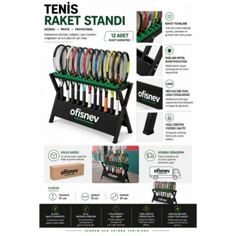 Tenis Raket Standı – 12 Raket Kapasiteli Metal Raketlik